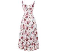 OMEWEE Women's Spring Summer Boho Sundress Square Neck Floral Corset Dress Spaghetti Strap Ruched Flowy Slit Bustier Midi Dresses for Women Going Out A Line Casual Beach Long Dress White-Big Rose M