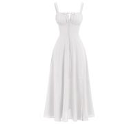 OMEWEE Women's Spring Summer Boho Sundress Square Neck Floral Corset Dress Spaghetti Strap Ruched Flowy Slit Bustier Midi Dresses for Women Going Out A Line Casual Beach Long Dress White M