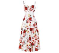 OMEWEE Women's Spring Summer Boho Sundress Square Neck Floral Corset Dress Spaghetti Strap Ruched Flowy Slit Bustier Midi Dresses for Women A Line Casual Beach Long Dress White-red Floral M