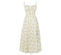 OMEWEE Women's Spring Summer Boho Sundress Square Neck Floral Corset Dress Spaghetti Strap Ruched Flowy Slit Bustier Midi Dresses for Women A Line Casual Beach Long Dress White-Yellow Flower L