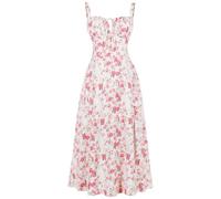 OMEWEE Women's Spring Summer Boho Sundress Square Neck Floral Corset Dress Spaghetti Strap Ruched Flowy Slit Bustier Midi Dresses for Women Going Out A Line Casual Beach Long Dress White-Rose M