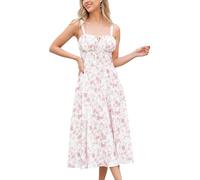OMEWEE Women's Spring Summer Boho Sundress Square Neck Floral Corset Dress Spaghetti Strap Ruched Flowy Slit Bustier Midi Dresses for Women Going Out A Line Casual Beach Long Dress White Pink XL
