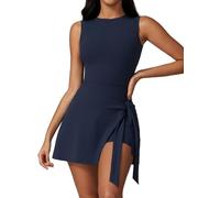 OMEWEE Women's Tennis Dress with Shorts Crew Neck Sleeveless Golf Dresses Tie Front Backless Yoga Workout Athletic Mini Tank Dress Activewear Exercise Sports Dresses Navy Small