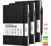 OMEYA Lined Journal Notebook, 3 Pack A5 College Ruled Notebooks for Work, Hardcover Notebook Each with 2 Pockets & Pen, Leather Journal for Women, Men, 160 Pages, 100GSM Thick Paper (Black)