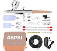 Omeyo Airbrush Kit with Air Compressor, 40 PSI High Pressure Air Brush Non-Clogging with 0.2/0.3/0.5mm Nozzle/Cleaning Sets, Ideal for Painting, Modeling, Cake Decor,Makeup, Nail Art (Gold, 48 PSI)