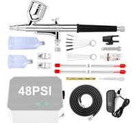 Omeyo Airbrush Kit with Air Compressor, 40 PSI High Pressure Air Brush Non-Clogging with 0.2/0.3/0.5mm Nozzle/Cleaning Sets, Ideal for Painting, Modeling, Cake Decor,Makeup, Nail Art (White, 48 PSI)