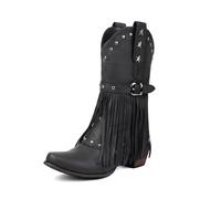 Omfpafeu Cowboy Boots for Women Classic Pointed Toe Tassel Western Cowboy Boots Low Block Heel Wide Calf Mid-Calf Boots,Black,41