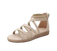 Omfpafeu Womens Flat Roman Sandals Round Toe Bohemian Open Toe Beach Walking Sandal Comfort Non Slip Outdoor Gladiator Shoes,Apricot,39