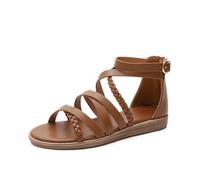 Omfpafeu Womens Flat Roman Sandals Round Toe Bohemian Open Toe Beach Walking Sandal Comfort Non Slip Outdoor Gladiator Shoes,Brown,38