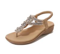 Omfpafeu Womens Summer Flat Sandals Bohemian Platform Wedge Heels Open Toe Flip Flops Ankle Strap Elastic Slip on Beach Sandal,Apricot,36