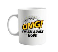 OMG I'm an Adult Now Funny 11oz Coffee Mug - Comic Book Style Design - Hilarious Present for Friends, Birthday Gift for Young Adults, Fun Tea Cup for Work or Home