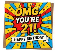 OMG You're 21! Funny 21st Birthday Card - Bold Pop Art Comic Design - Bright Colourful Greeting for Him or Her, 145mm x 145mm Square, Includes Kraft Envelope
