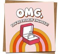 OMG You're Freakin' Engaged Greeting Card - Funny Engagement Card for Couple, 145mm x 145mm Square with Kraft Envelope, Retro Rainbow Ring Box Design