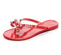 OMGard Studded Jelly Shoes for Womens Bow Flip Flops Jellies Sandals Flat Black Summer Beach Thong with Rivets Strappy Slides Slip On, Red, 4.5 UK