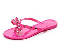 OMGard Studded Jelly Shoes for Womens Bow Flip Flops Jellies Sandals Flat Black Summer Beach Thong with Rivets Strappy Slides Slip On, Hot Pink, 5.5 UK