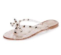 OMGard Studded Jelly Shoes for Womens Bow Flip Flops Jellies Sandals Flat Black Summer Beach Thong with Rivets Strappy Slides Slip On, Glitter Gold, 7 UK