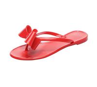 OMGard Studded Sandals for Women Bow Flip Flops Jelly Shoes Womens Beige Jellies Flat Summer Beach Thong Slides with Rivets Dressy Slippers Slip On, Red, 7 UK