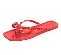 OMGard Studded Sandals for Womens Bow Flip Flops Jelly Shoes Beige Jellies Flat Size 9, Summer Beach Thong Slides with Rivets Dress Slippers Square Toe Slip On, Red, 7.5 UK