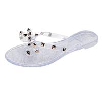 OMGard Studded Sandals for Womens Bow Flip Flops Jelly Shoes Beige Jellies Flat Size 9, Summer Beach Thong Slides with Rivets Dress Slippers Square Toe Slip On, Clear, 5.5 UK