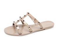 OMGard Studded Sandals for Womens Bow Flip Flops Jelly Shoes Beige Jellies Flat Size 9, Summer Beach Thong Slides with Rivets Dress Slippers Square Toe Slip On, Beige, 5.5 UK