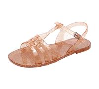 OMGard Women Sandals Jelly Shoes Flats Size 9 Beige T-Strap Crystal Jellies Slides Clear Rain Slippers Glitter Summer Beach Retro, Gold, 8-8.5
