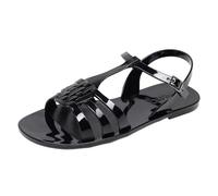 OMGard Women Sandals Jelly Shoes Flats Size 9 Beige T-Strap Crystal Jellies Slides Clear Rain Slippers Glitter Summer Beach Retro, Black, 9 UK