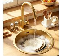 OMGMTSTORE 32 x 32 cm stainless steel kitchen sink, brushed gold round sink, built-in sink, small, undermount sink with drain filter, 1 basin without tap hole