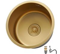 OMGMTSTORE 40 x 40 cm stainless steel kitchen sink, brushed gold round sink, built-in sink, small, undermount sink with drain filter, 1 basin without tap hole