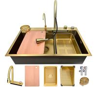 OMGMTSTORE 80 x 50 cm Waterfall Kitchen Sink, Gold Large Sink, 1 Basin, Waterfall Sink Washing with Extendable Tap, Soap Dispenser, Cup Rinser, Strainer, Chopping Board