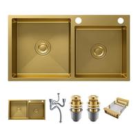 OMGMTSTORE Kitchen Sink, 2 Basins, 75 x 40 cm, Gold Stainless Steel Kitchen Sink with 2 Tap Holes, Large Kitchen Sink, Sink in the Kitchen, Built-in Sink Including Drip Basket, Soap Dispenser, Siphon