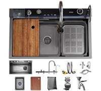 OMGMTSTORE Kitchen Sink, 80 x 45 cm, 1 Bowl Stainless Steel Kitchen Sink, Anthracite Black Multifunction Kitchen Sink with Pull-Out Tap, with Siphon, Replacement Internal Sink and Cutting Board