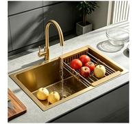 OMGMTSTORE Stainless Steel Sink 30 x 18 inches, Undermount/Overmount, Kitchen Sink, Small, Gold Brushed Sink with Kitchen Faucet, Foldable S-Trap, Drain Filter, and Overflow Set