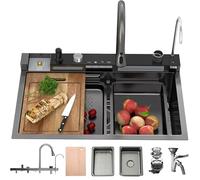 OMGMTSTORE Waterfall Kitchen Sink, 80 x 45 cm, 1 Basin, Stainless Steel Sink, Kitchen, Modern Large Black Anthracite Sink, Kitchen Sink with Tap, Siphon Drain and Overflow Set