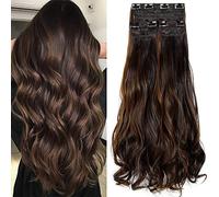 OMGREAT 18 Inch Clip in on Hair Extensions Long Curly Wavy Hair Extension 3Pcs Set for Women Girls - Dark Brown Mix Light Auburn