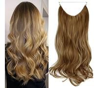 OMGREAT Long Halo Hair Extensions Highlight 20 Inch Wavy Curly Synthetic Hair Piece for Women Transparent Wire Headband Heat Friendly Fiber 4.4 Oz No Clip (Ginger Brown Mix Bleach Blonde)