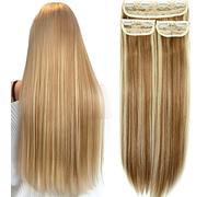 OMGREAT Straight Clips in on Hair Extensions Full Head Synthetic Hairpieces for Women 3Pcs 8Clips - 24" Ginger Brown Mix Bleach Blonde