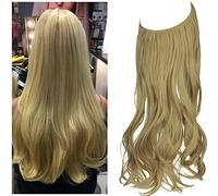 OMGRET Ombre Halo Hair Extension Ash Blonde Wavy Curly Synthetic Hair Piece Long 18 Inch 4.2 Oz Invisible Wire for Women Heat Friendly Fiber No Clip