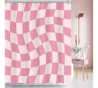 Omifly 70s Pink Shower Curtain 60Wx72H Inch Retro 60s Groovy Abstract Checkered Geometric Vintage Plaid Modern Cute Aesthetic Fancy with 12 Plastic Hooks Fabric Waterproof Toilet Accessories Decor