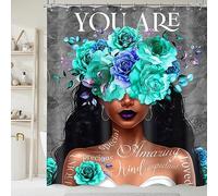 Omifly African American Woman Shower Curtain 60Wx72H Inch Black Girl Teal Flower Rose Inspirational Motivational Quote Modern Aesthetic with 12 Plastic Hooks Fabric Waterproof Toilet Accessories Decor