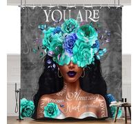 Omifly African American Woman Shower Curtain 72Wx72H Inch Black Girl Teal Flower Rose Inspirational Quotes You are Aesthetic Modern with 12 Plastic Hooks Fabric Waterproof Toilet Accessories Decor