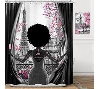 Omifly Black Girl Shower Curtain 60Wx72H Inch African American Woman Pink Flowers Paris Eiffel Tower Cherry Blossom Modern Romantic with 12 Plastic Hooks Fabric Waterproof Toilet Accessories Decor