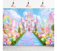 Omifly Candyland 7Wx5H Backdrop for Photography Fantasy Pink Castle Sweet Candy Shrubland Lollipop Crystal Road Candy Town Background Party Decorations Cake Table Banner Decor Photo Booth Studio Prop