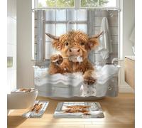 Omifly Funny Highland Cow Shower Curtain Sets 4Pcs Rustic Farmhouse Farm Calf in Bubble Bathtub Brushing Teeth Bathroom Decor Set with 12 Hooks, Rugs and Accessories with Bath Mat and Toilet Lid Cover