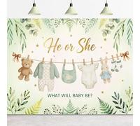 Omifly Greenery Gender Reveal 8Wx6H Backdrop for Photography Watercolor Clothes He or She What Will Baby Be Leaves Gold Dot Background Party Decorations Cake Table Banner Decor Photo Booth Studio Prop