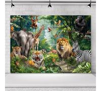 Omifly Jungle Safari Backdrop 7Wx5H for Photography Kids Wild Animal Rainforest Tropical Plant Woodland Wildlife Background Party Decorations Cake Table Banner Decor Photo Booth Studio Prop