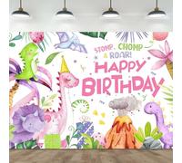 Omifly Pink Dinosaur Birthday Backdrop 7Wx5H for Photography Girls Cartoon Dino Cute Watercolor Jungle Tropical Boys Background Party Decorations Cake Table Banner Decor Photo Booth Studio Props