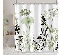 Omifly Sage Green Floral Shower Curtain 72Wx72H Inch Black Silhouette Wildflower Rustic Boho Plant Vintage Botanical Leaves Aesthetic with 12 Plastic Hooks Fabric Waterproof Toilet Accessories Decor
