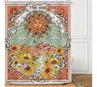 Omifly Tarot Boho Retro Sun Sunflower Shower Curtain 60Wx72H Inch Green Vintage Mountain Flower Bohemian Moon Aesthetic Butterfly Art with 12 Plastic Hooks Fabric Waterproof Toilet Accessories Decor