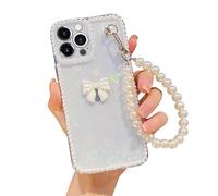 Omio Compatible with iPhone 13 Pro Max Case with Hand Strap 3D Handmade Bow Pearl Bracelet Clear Laser Holographic Heart Phone Glitter Case for Women Girls Slim Case for iPhone 13 Pro Max, Small Pearl