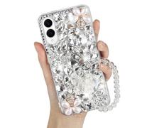Omio Compatible with Samsung Galaxy S25 Edge Bling Case with Hand Chain Strap Cute Butterfly Bracelet 3D Handmade Sparkle Glitter Crystal Bling Diamond Hard PC Phone Case for Women Girls White